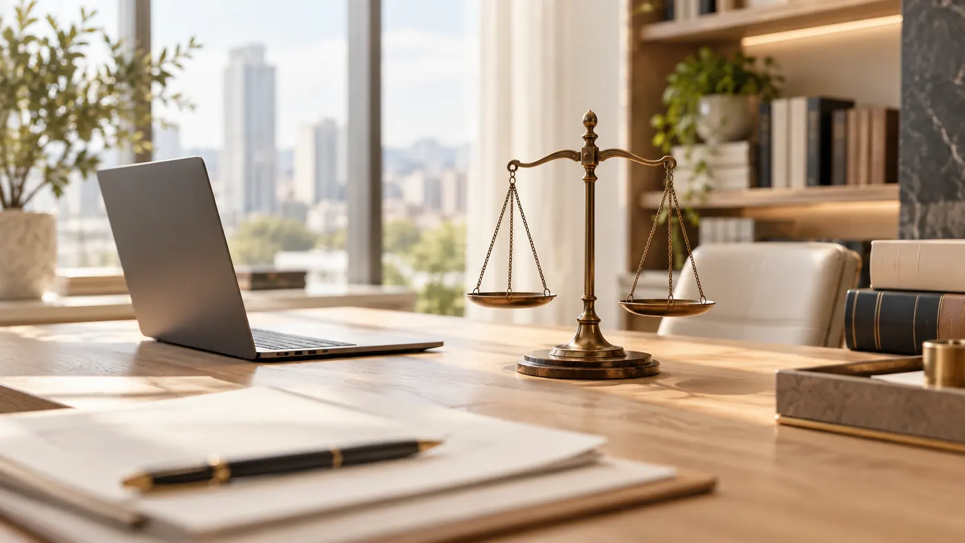 Mesa de escritório com balança da Justiça, computador e documentos